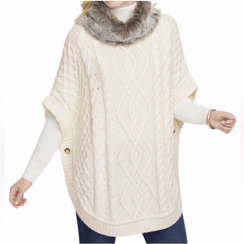 Talbots Faux Fur Collar Cable Knit Poncho Size Medium